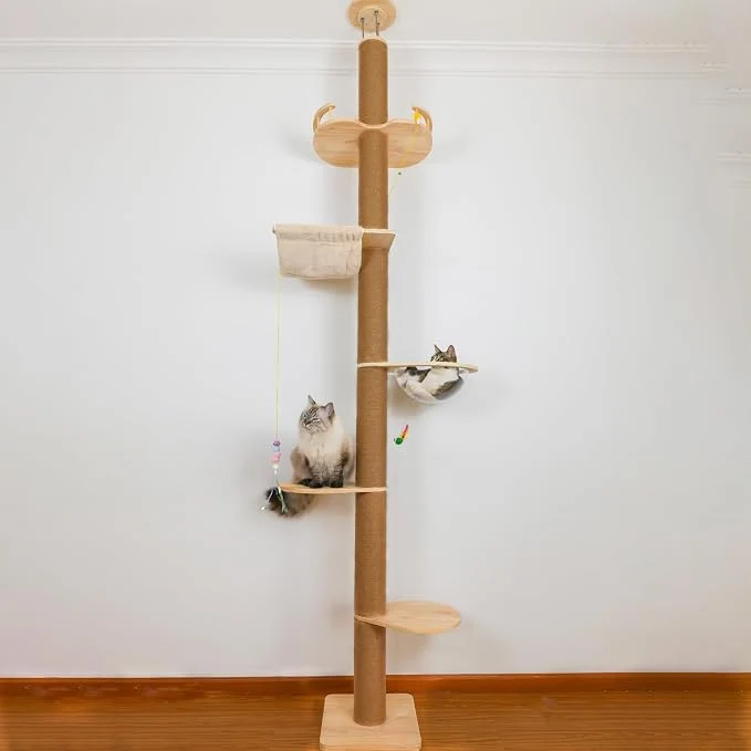 Breathable Floor to Ceiling Cat Tree Height Adjustable Cat Tower 5 Tier Hemp Scratching Innovative