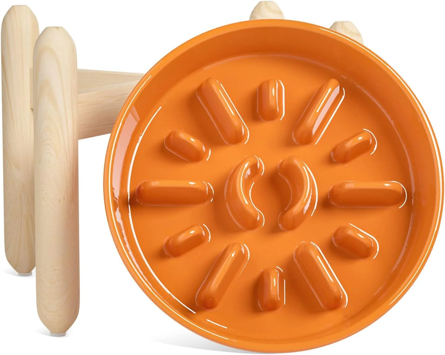 Lightweight LE TAUCI Ceramic Slow Feeder Puzzle Bowl d 3 Cup with Wooden Stand for Medium Large Dog Fast Eater Slow Eating Food Bowl Sun Orange Innovative