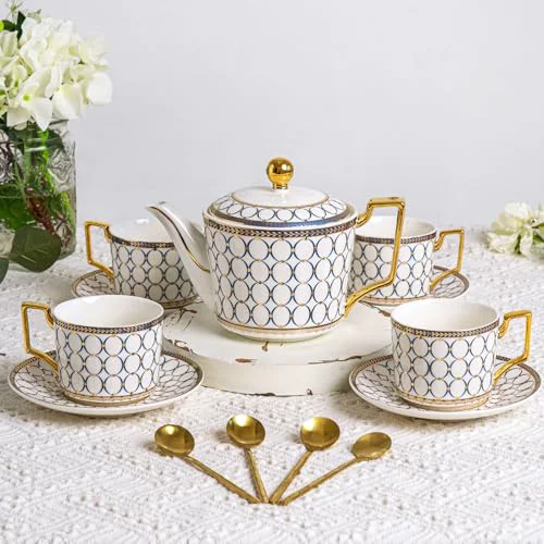 High-Performance 7 Oz Bone China Blue Tea Cup and Saucer Service for 4 13 Count Exceptional