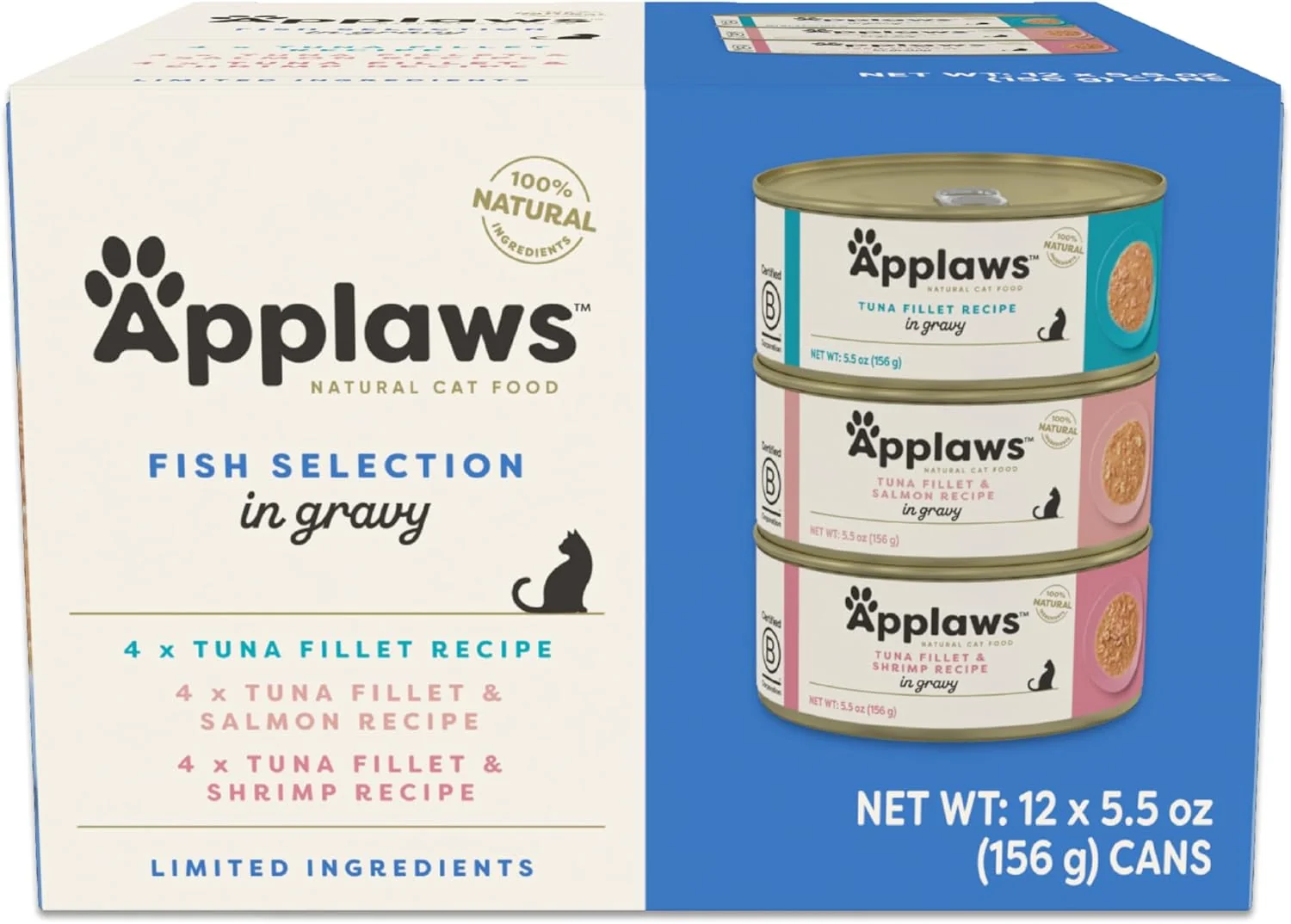 First-Class Applaws Natural Wet Cat Food in Gravy Limited Ingredient Canned Wet Cat Food No Additives Made with Natural Ingredients Fish Selection in Gravy Cans 12 x 5.5oz Cans Unique
