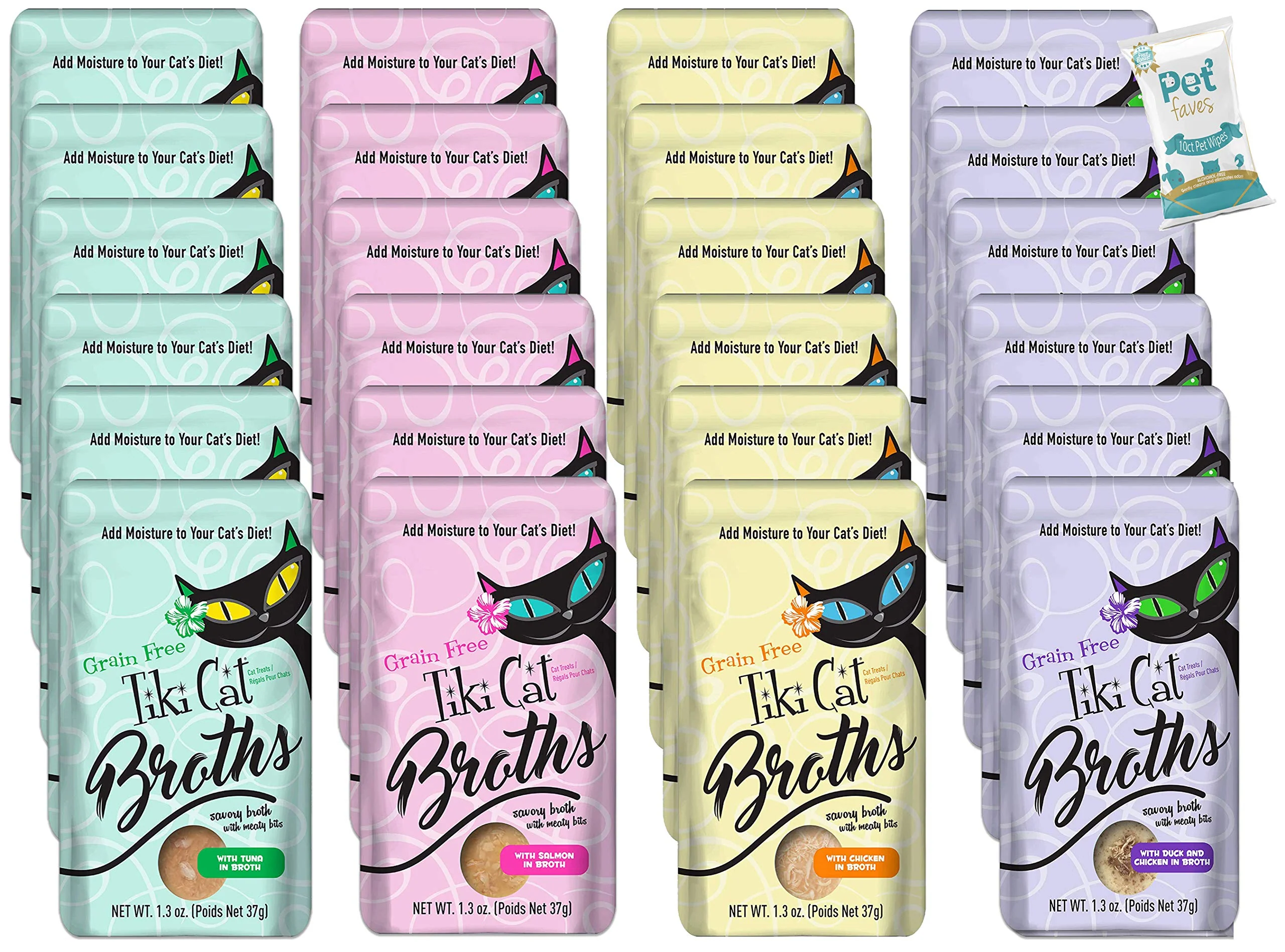 Healthy Pet Faves Tiki Cat Savory Broth – Grain- Lickable Wet Food Additive 2 Boxes 10ct Wipes Clean