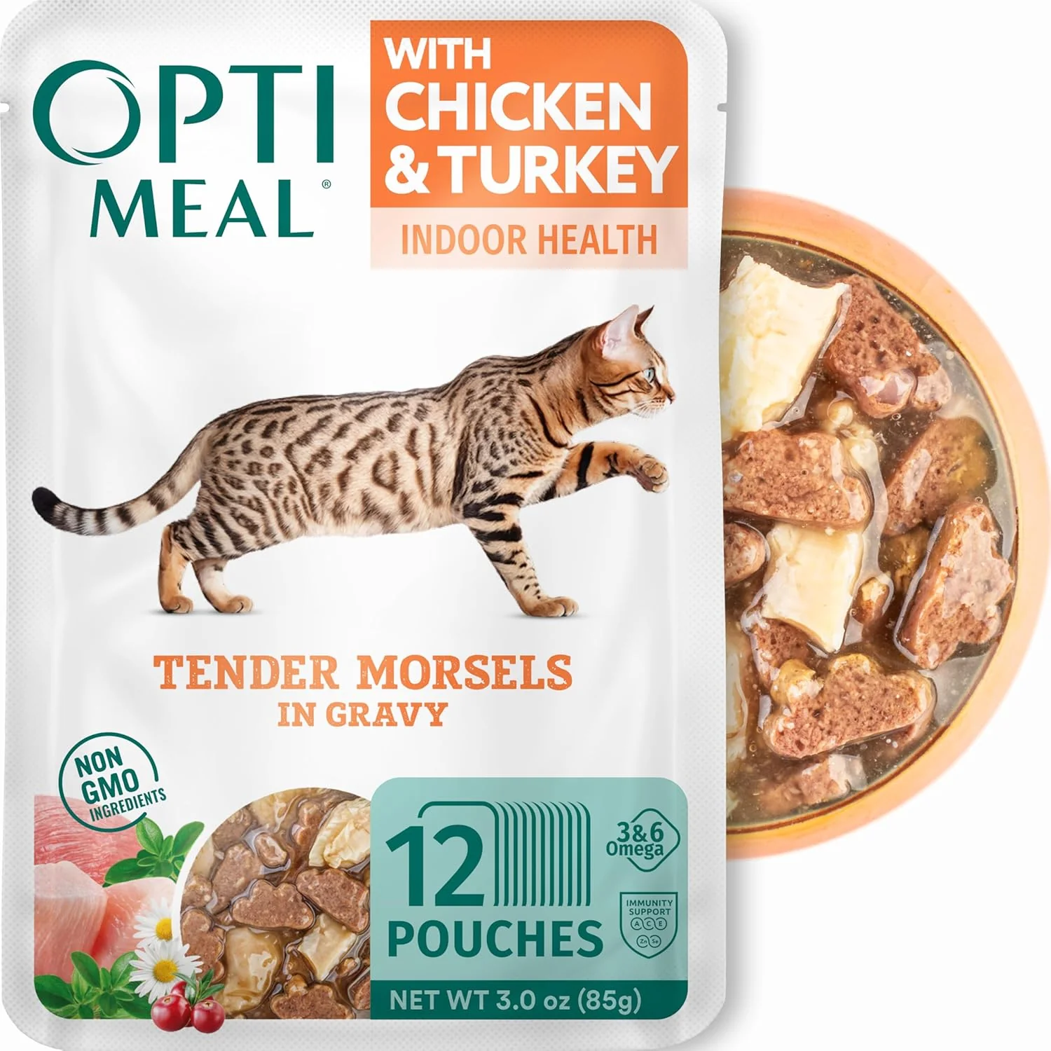 Exceptional Optimeal Grain- Wet Cat Food – Chicken Turkey Recipe High Protein Moisture Rich Indoor Adult Cats Food Tender Morsels in Savory Gravy Natural Ingredients – 3 oz Pouches 12 Pack Functional