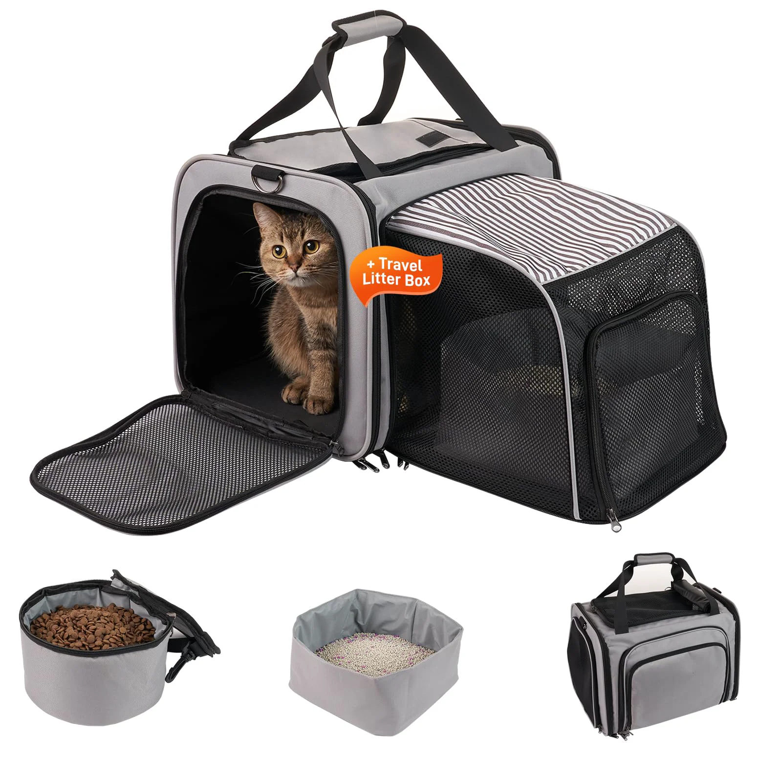 Fine Crafted A.FATI Cat Carrier with Litter Box – Collapsible Soft Sided Travel Carrier for Cats Puppies up to 25 lbs Grey Premium Material
