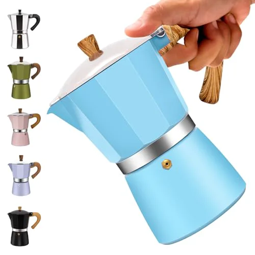 Lightweight 6 Cup Aluminum Moka Pot Classic Stovetop Espresso Coffee Maker 300ml 10oz Coffeemaker Percolator Mocha Pot Greca Coffee Maker Cafe Makers for Italian and Cuban Café Brewing Blue High-Grade