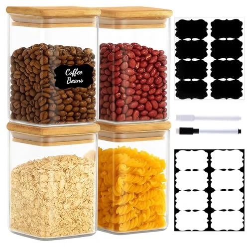 Fine 37oz 1.2Qt Square Glass Storage Containers with Bamboo Lids – 4 Pack Clear Food Airtight Glass Jars for Pantry Organizers and Storage Kitchen Dry Food Coffee Sugar Flour Snacks Spices 4 Count Selected