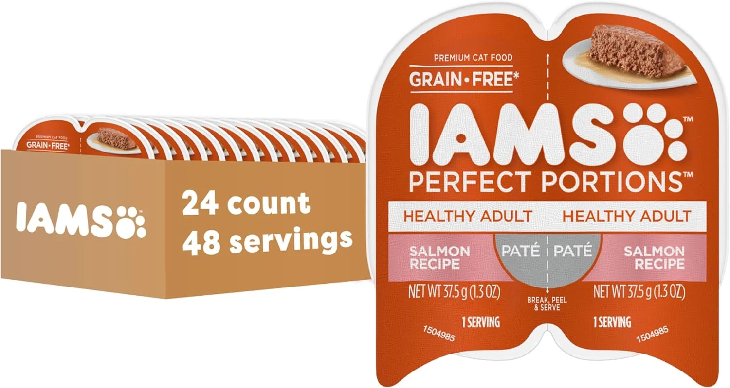 Functional IAMS Portions Healthy Adult Grain Wet Cat Food Pate Salmon Recipe 2.6 oz. Easy Peel Twin-Pack Trays 24 Count 48 Servings Detailed