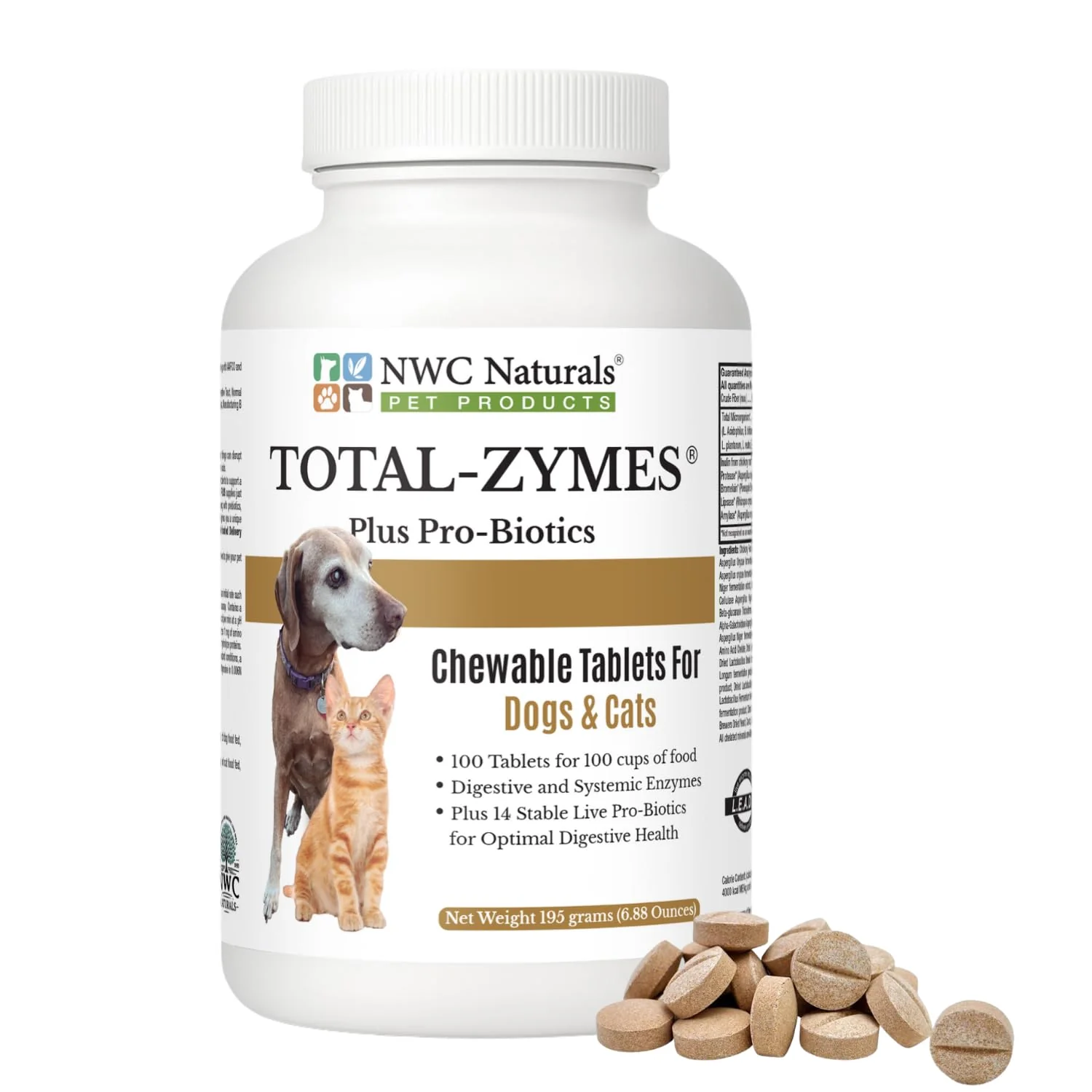 Fine NWC Naturals Total-Zymes Plus Digestive Enzymes Probiotics Prebiotics for Dogs Cats – 100 Chewables Durable