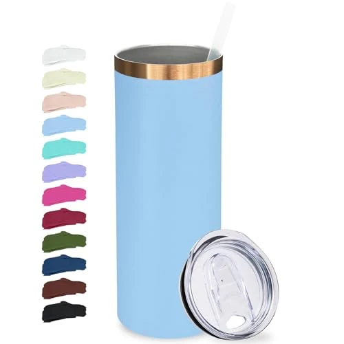 Verified 20 oz Skinny Tumblers Bulk with Lids and Straws Sky Blue Reusable