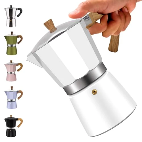 Recyclable 6 Cup Aluminum Moka Pot Classic Stovetop Espresso Coffee Maker 300ml 10oz Coffeemaker Percolator Mocha Express Preferred Cafe Makers for Italian and Cuban Café Brewing White Fast