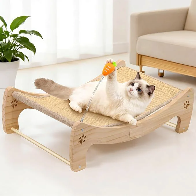 Exclusive Cat Scratcher Bed with Interactive Carrot Toy – 3-in-1 Wooden Sisal Scratching Pad Hammock Lounge Play Center for Indoor Cats – Furniture Protector Solid Wood Frame Extra Large About ThisOverview Next-Generation
