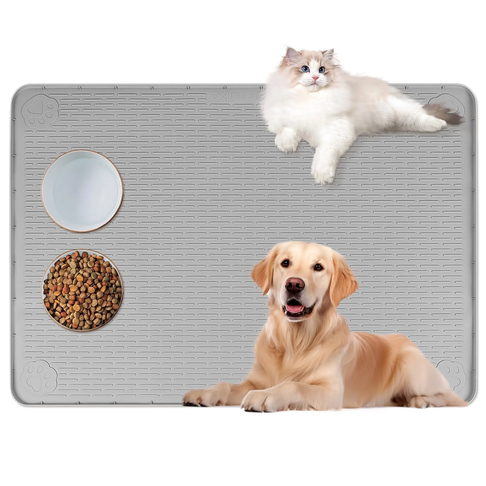 Durable Bartuke 40×28 Extra Large Cat Food Mat – Non-Slip Silicone Feeding Placemat Grey Lightweight