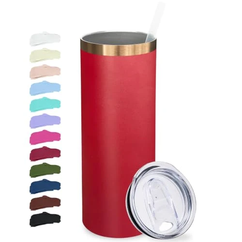 Official 20 oz Skinny Tumblers Bulk with Lids and Straws Bright Red Pure