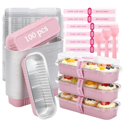 Official 100 Pack 6.8 oz Rectangular Mini Loaf Pans with Lids and Spoons 30 Count Refined
