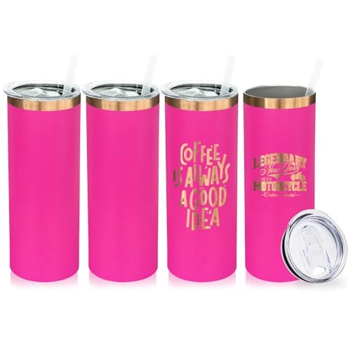 Solid 20 oz Skinny Tumblers Bulk with Lids and Straws Rosy 4 Count Powerful