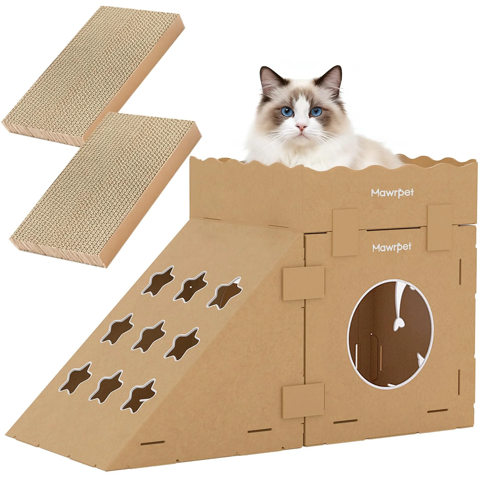 Elite Mawrpet DIY Cardboard Cat House with Scratching Pad — Indoor Cat Tower Tunnel High-Performance