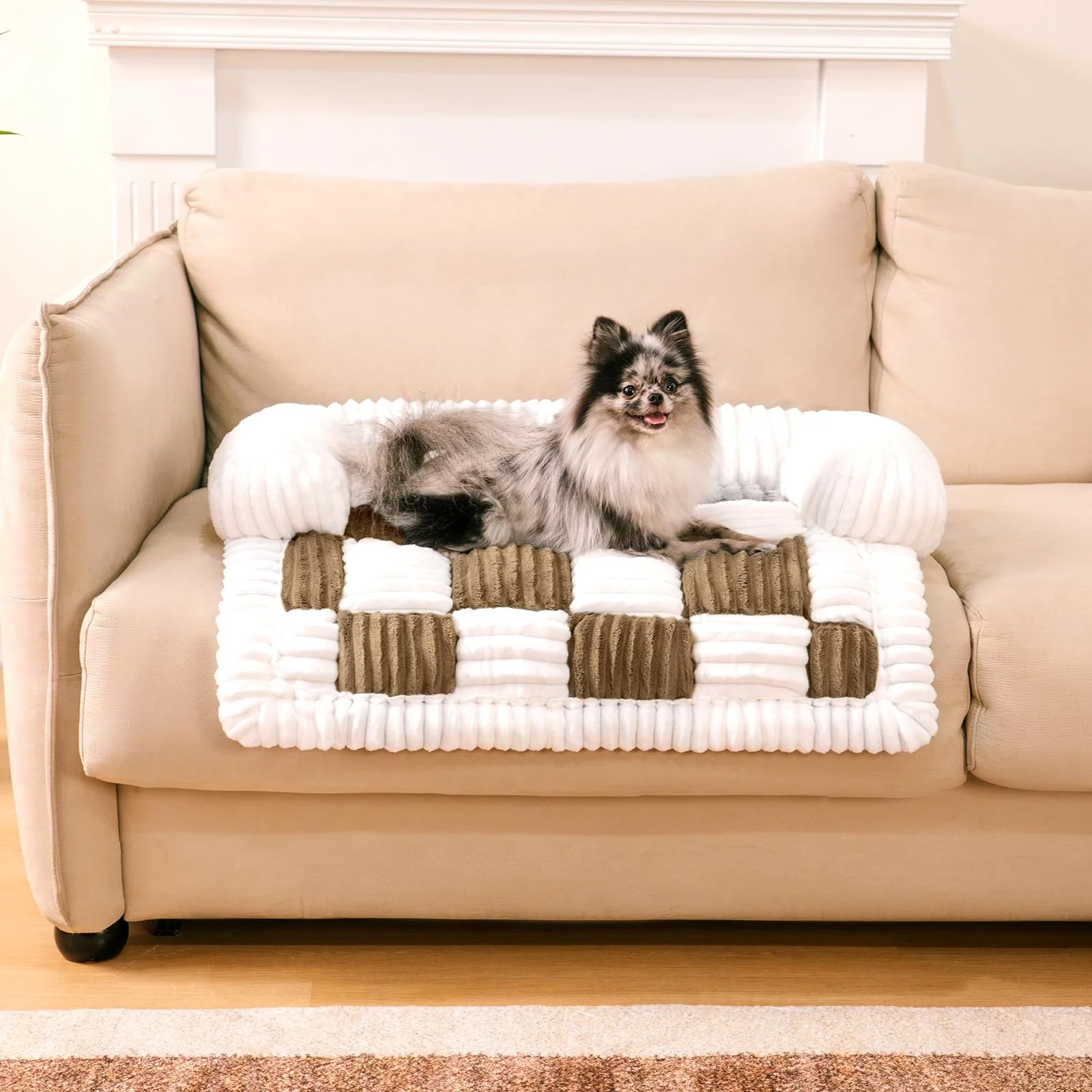 Powerful FUNNY FUZZY Pet Couch Covers for Sofa – Cozy Cream Plaid 27.56×25.59 Inches Washable Easy-to-Use