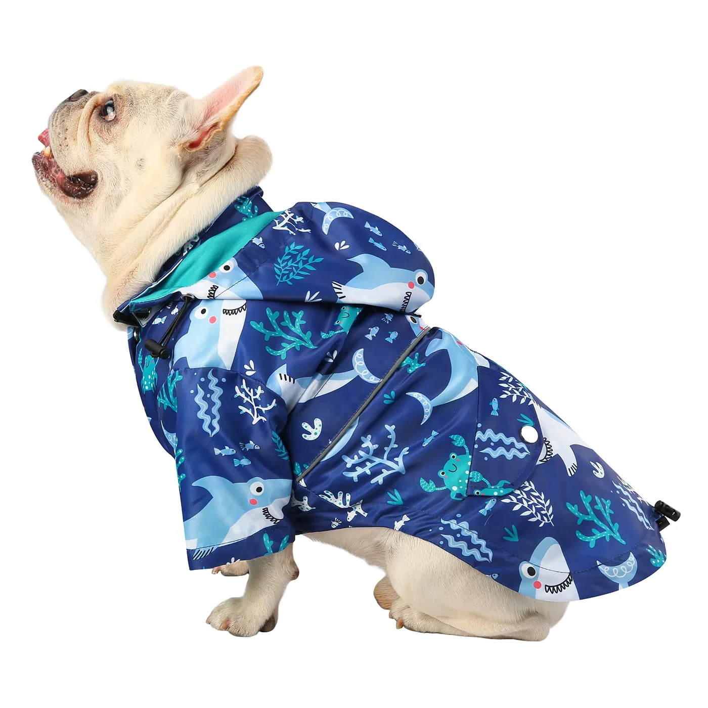 Elegant HDE Dog Raincoat Poncho with Double Layer Zip Rain Jacket — Removable Hood Leash Hole Sharks Pattern Size L Contemporary