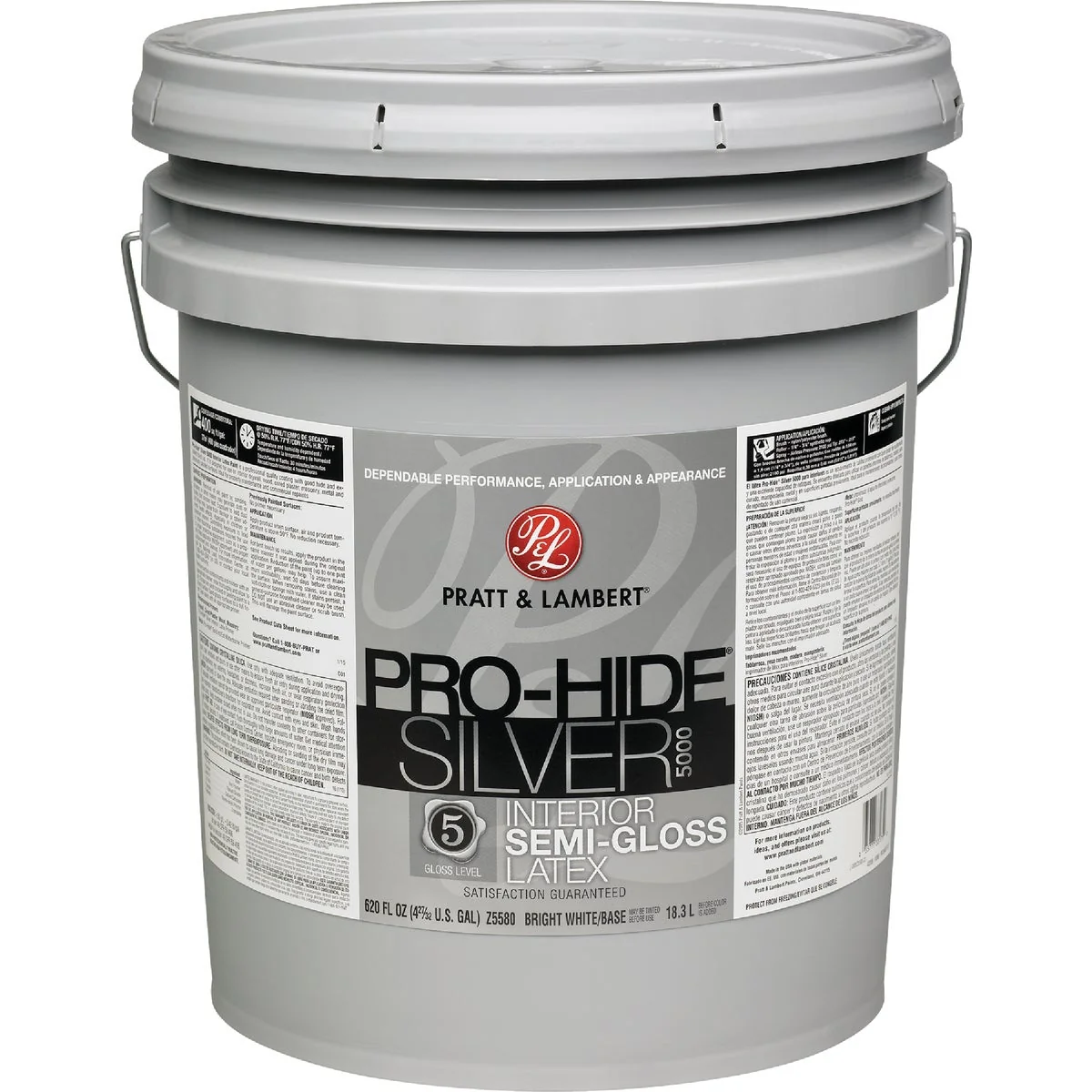Detailed Pratt Lambert Pro-Hide Silver 5000 Latex Semi-Gloss Interior Wall Paint Bright White Base 5 Gal. Classic