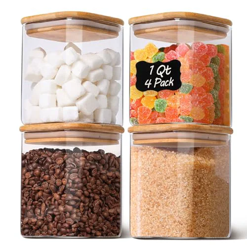 High-Performance Glass Pantry Storage Containers with Bamboo Lids 1Qt 4 Pack Square 4 Count Efficient