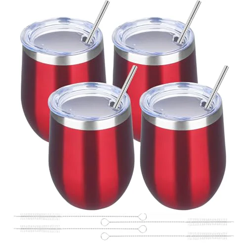 Excellent 12oz 4 Pack Wine Tumbler Glasses with Lid Stemless Double Wall Vacuum Stainless Steel Travel Tumbler Keeping Cold Hot for Wine Powerful