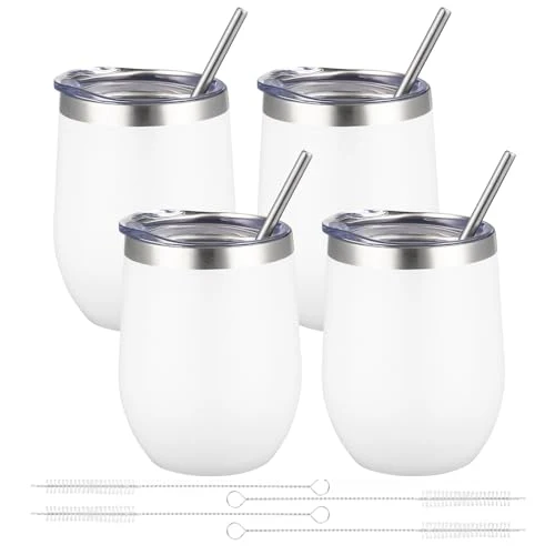 Natural 12oz 4 Pack Wine Tumbler Glasses with Lid Stemless Double Wall Vacuum Stainless Steel Travel Tumbler Keeping Cold Hot for Wine Smooth