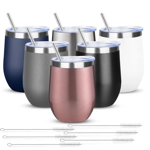 Next-Generation 12oz 4 Pack Wine Tumbler Glasses with Lid Stemless Double Wall Vacuum Stainless Steel Travel Tumbler Keeping Cold Hot for Wine 6 Count Eco-Friendly