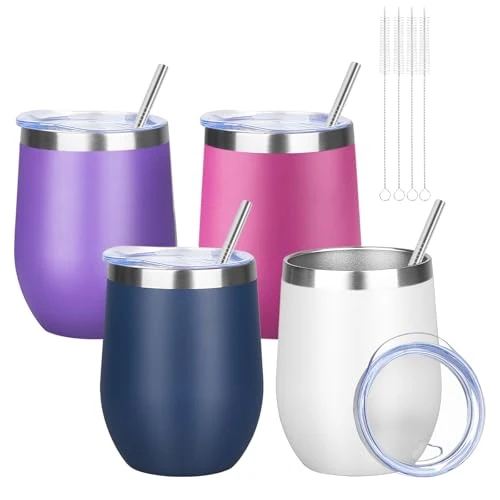 Optimized 12oz 4 Pack Wine Tumbler Glasses with Lid Stemless Double Wall Vacuum Stainless Steel Travel Tumbler Keeping Cold Hot for Wine Modern