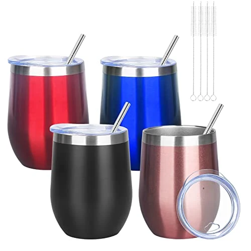 Refined 12oz 4 Pack Wine Tumbler Glasses with Lid Stemless Double Wall Vacuum Stainless Steel Travel Tumbler Keeping Cold Hot for Wine Excellent