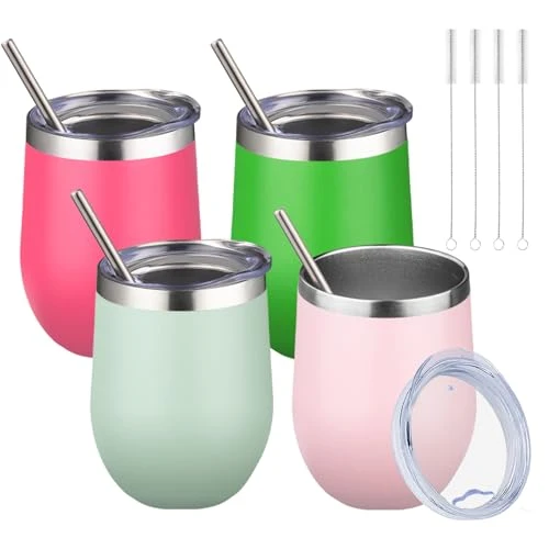 High-Quality 12oz 4 Pack Wine Tumbler Glasses with Lid Stemless Double Wall Vacuum Stainless Steel Travel Tumbler Keeping Cold Hot for Wine 4 Count Top-Quality