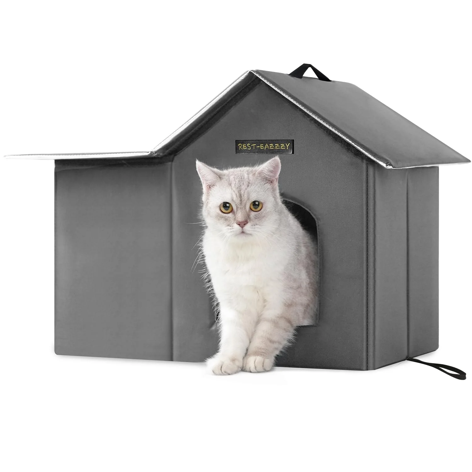 Exclusive Rest-Eazzzy Outdoor Cat House – Weatherproof Insulated Feral Cat Shelter with Mat Clip Grey 13x17x20 in Easy-to-Use