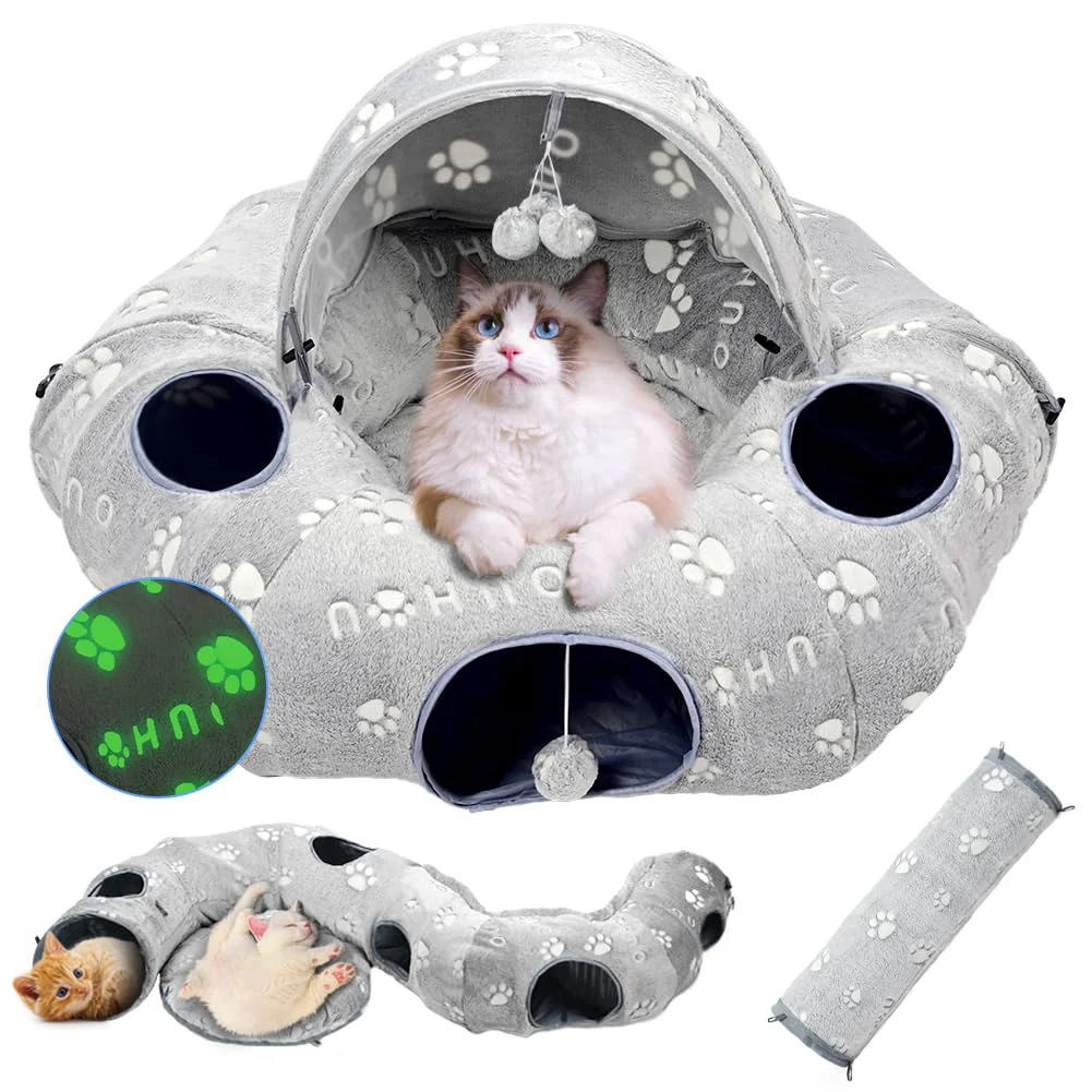 Classic OUHOU Cat Tunnel Bed Indoor Cat Tunnels Donut Tunnel Toy with Washable Cushion Blackout Tent 4 Plush Balls Grey Relaxed