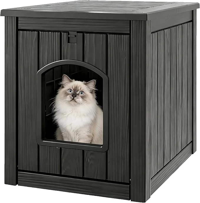 Sustainable Litter Box Enclosure Waterproof Weatherproof Plastic Cat House for Indoor Outdoor Use Multi-Functional Hidden Litter Box Furniture for Living Room Backyard Patio Garage Black About ThisOverview Easy-to-Use
