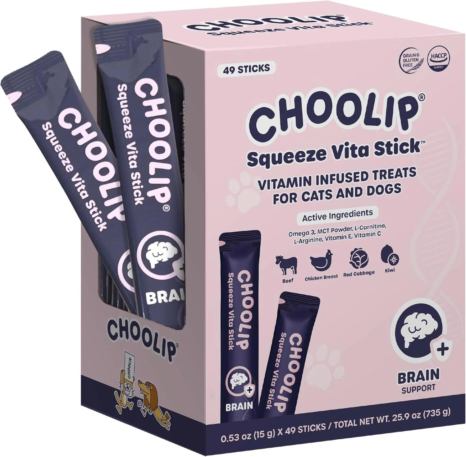 Premium Grab Go Squeeze Vita Stick Lickable Treats for Dogs Cats. 49 Brain Support Sticks with Essential multivitamins. Soft and Tasty Paste for All Life Stages Supporting Brain Health Modern