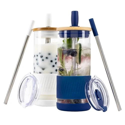 Proven Glass Cups With Lids and Straws 2 Count Reusable