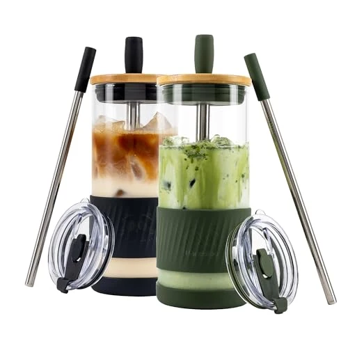 Practical Glass Cups With Lids and Straws 2 Count Optimized