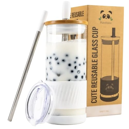 Casual Glass Cups With Lids and Straws Premium