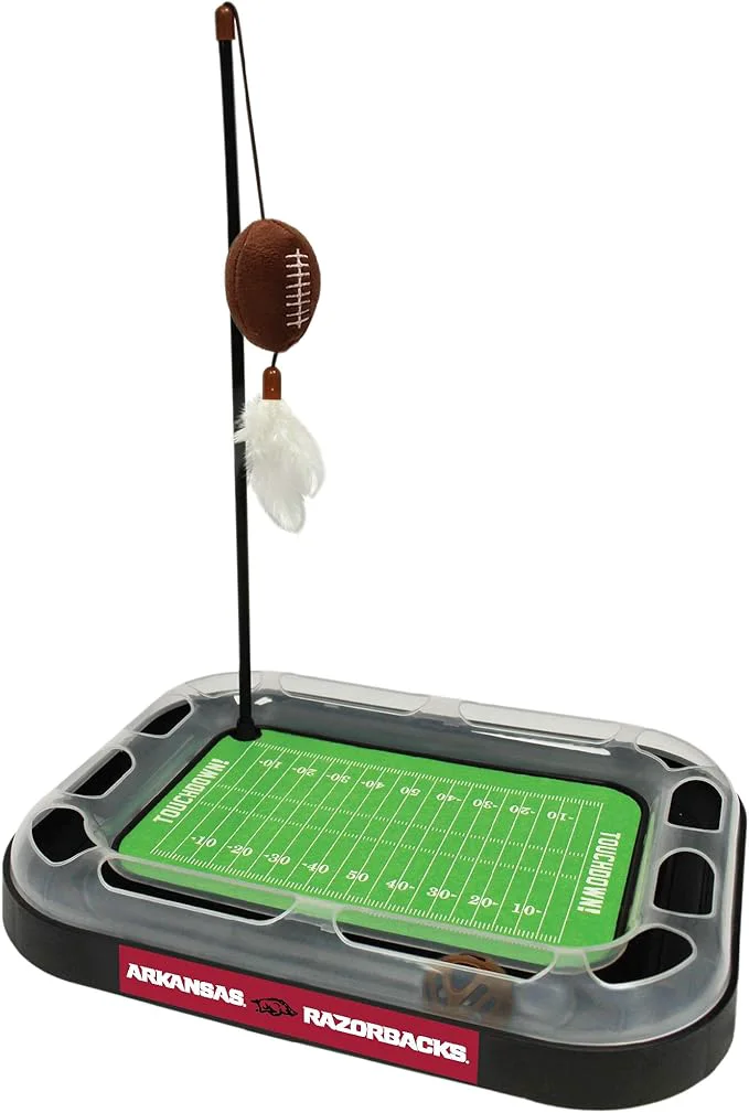 Practical Pets First 5-in-1 Cat Scratcher Toy Arkansas Razorbacks Football Field Cat Scratcher with Catnip Filled Plush Football FeathersAbout This Carefully Designed