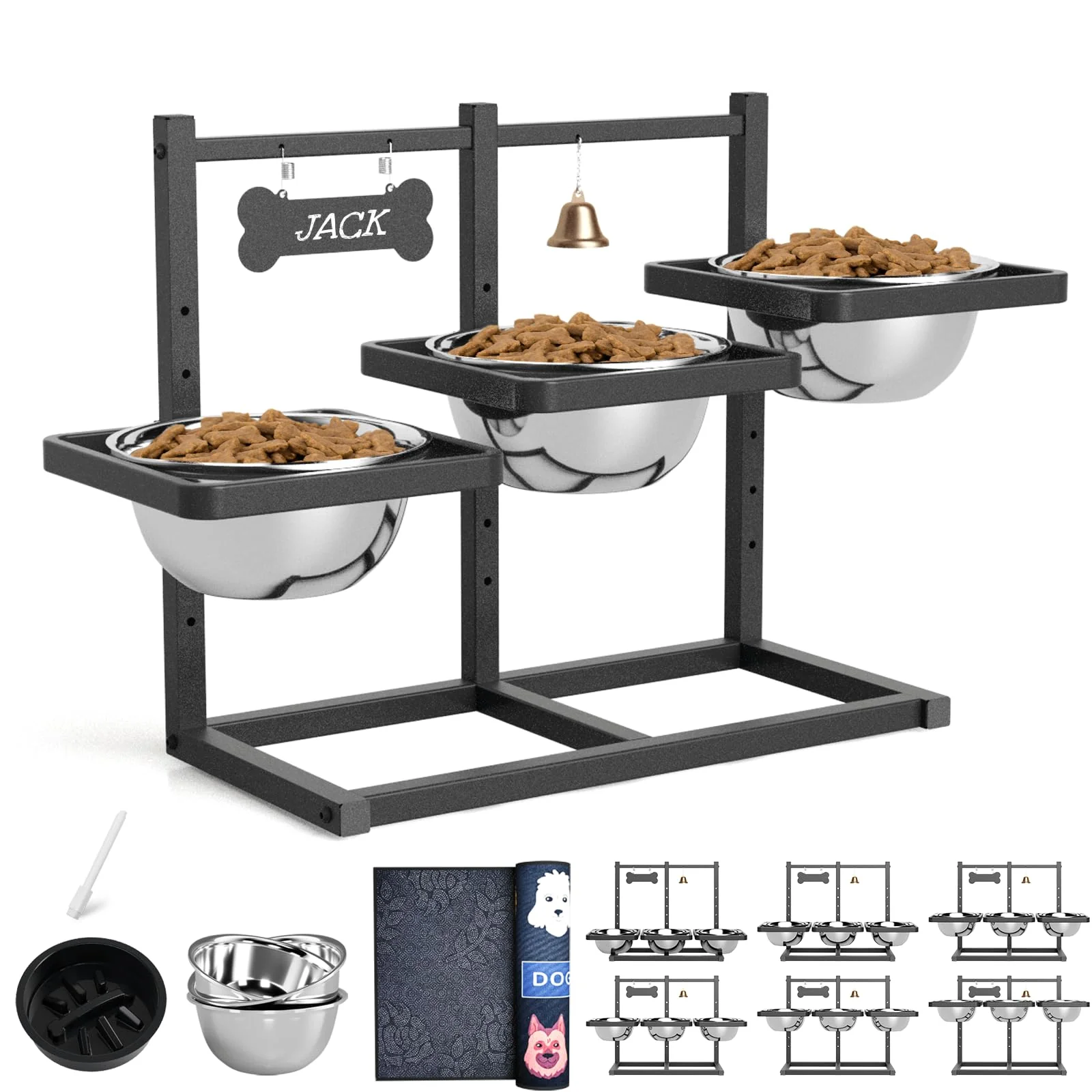 Refined ADENGL d Dog Bowls for Large Dogs 6-Height Adjustable Raised Stand 3x1700ml Bowls Slow Feed Splash Mat Premium Material