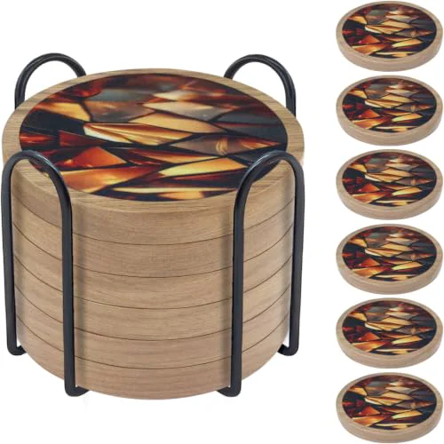 Stylish 6 Pack Absorbent Coasters Set with Holder Wood Coasters for Drinks Housewarming Gifts for Home Decoration Cup Coasters for Coffee Tabletop Protection 4.3 Inch Artisan