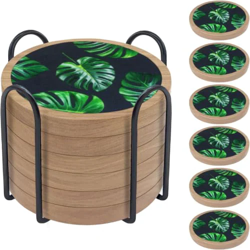 Genuine 6 Pack Absorbent Coasters Set with Holder Wood Coasters for Drinks Housewarming Gifts for Home Decoration Cup Coasters for Coffee Tabletop Protection 4.3 Inch Convenient