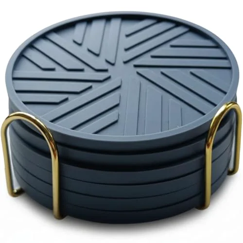 Original Design Silicone Coasters Set of 6 Gold Holder with smart Modern Groove Patterns Crafted