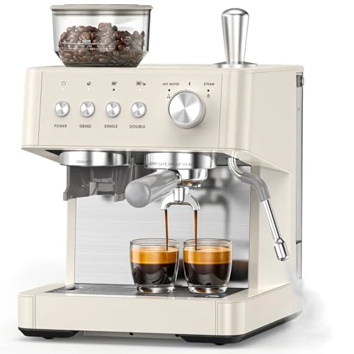 Traditional 2026 Upgrade 15 Bar Espresso Machine with Built-in Anti-Clog Coffee Grinder Expresso Coffee Machines with Milk Steam Wand Frother Tamping Tools Espresso Maker with Grinder for Lattes-Almond Verified