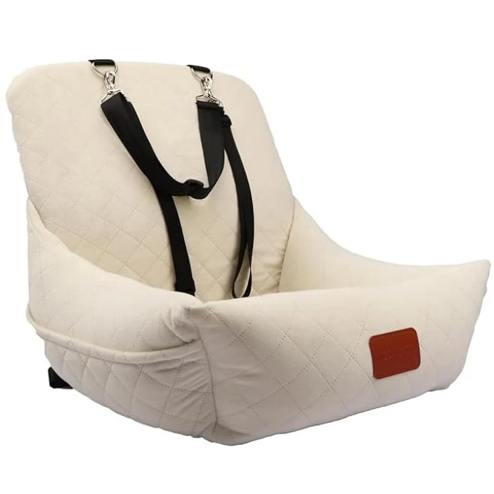 High-Performance Wooaidagg Dog Car Seat for Small Dogs – Ultra-Soft Plush 2 Pockets Safety Leash Washable Beige Refined