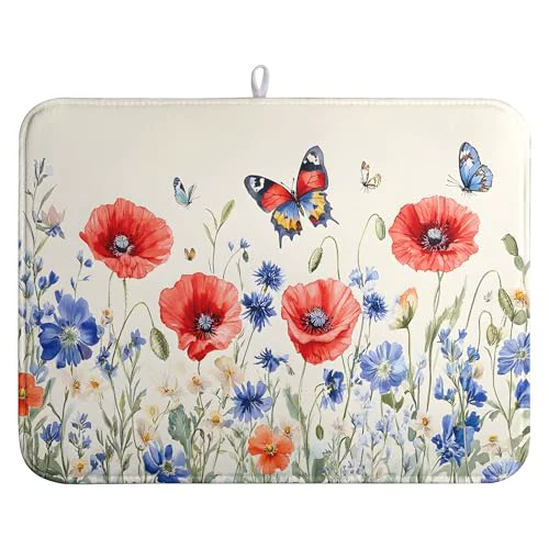 Official Patriotic Dish Drying Mats for Kitchen Counter 4th of July Kitchen Dishes Dryer Pad Red Blue Flowers Absorbent Dish Mat Microfiber Washable Foldable Reusable Large 18×24 in Fast