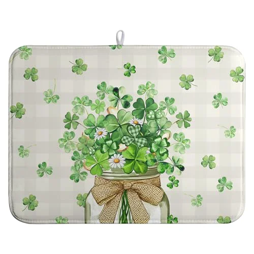 Sophisticated St Patricks Day Shamrock Dish Drying Mat Green Spring Kitchen Dishes Drying Pad Absorbent Dish Dryer Mats for Kitchen Countertops Microfiber Washable Large18x24 in Classic