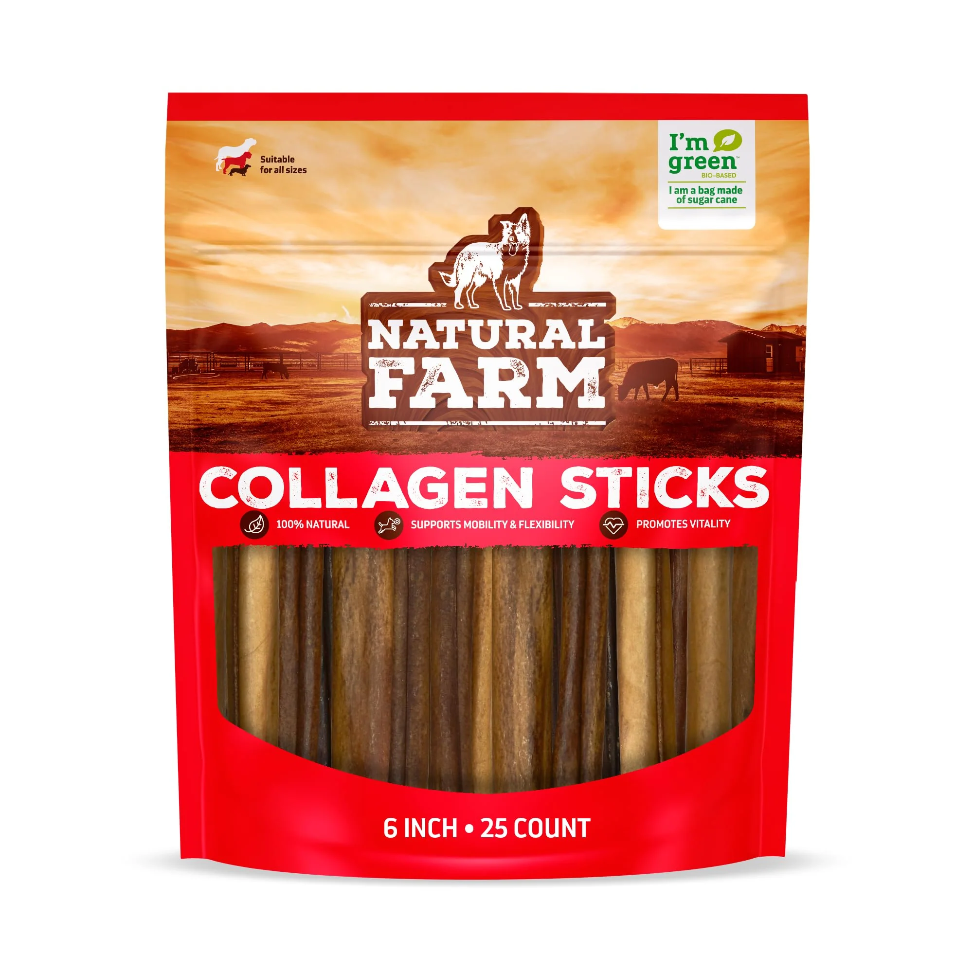 Premium Material Natural Farm Collagen Sticks for Dogs 6-Inch 25-Pack – Odor- Rawhide 95 Collagen Low Fat Powerful