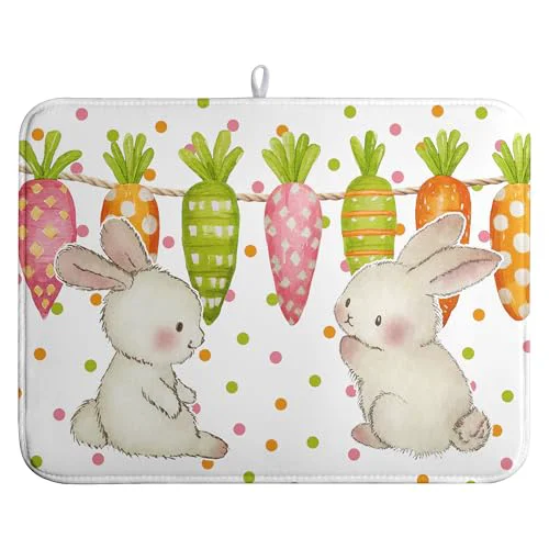 Efficient Easter Spring Dish Drying Mats Cute Bunny Dish Mat Easter colorful Carrots Drying Matt Dishes Dryer Pad for Kitchen Counter Absorbent Microfiber Washable Foldable Reusable 18×24 in Premium Material