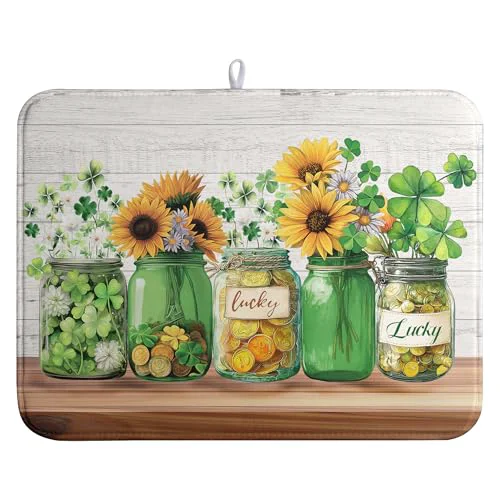 Classic St Patricks Day Shamrock Dish Drying Mats St Patrick’s Day Spring Dish Mat Sunflowers Drying Matt Dishes Dryer Pad for Kitchen Counter Absorbent Microfiber Washable Foldable Reusable 18×24 in Elegant