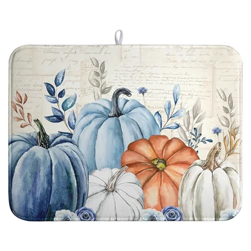 Detailed Fall Blue White Pumpkin Dish Drying Mats Thanksgiving Leaves Dish Mat Drying Matt Autumn Floral Dishes Dryer Pad for Kitchen Counter Absorbent Microfiber Washable Foldable Reusable 18×24 in Premium Material