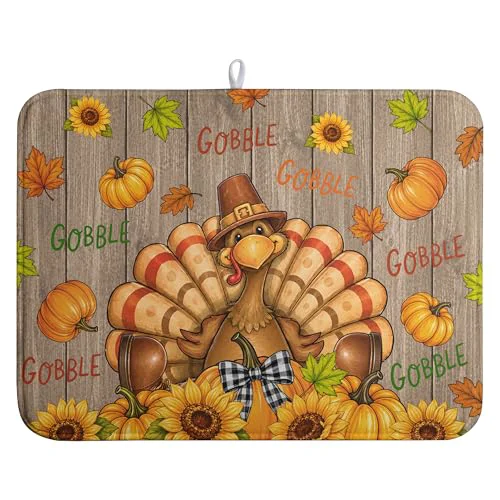 Relaxed Happy Thanksgiving Turkey Dish Drying Mats Fall Pumpkin Dish Mat Drying Matt Autumn Dishes Dryer Pad for Kitchen Counter Absorbent Microfiber Washable Foldable Reusable 18×24 in Certified